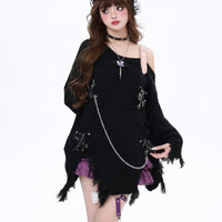 Hot Girl Ripped Tassel Off-the-shoulder Sweater For Women Autumn And Winter Loose