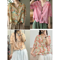 Women's V-neck Single Breasted Plus Size Slimming Artistic Stitching Casual Printed Ramie Shirt