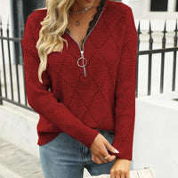Women's Hollow Zipper Half Cardigan V-neck Lace Pullover Outerwear Sweater