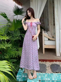 French-style Retro Lace V-neck Purple Floral Dress For Women