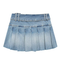 Wide Pleated Waistband Mini Denim Skirt