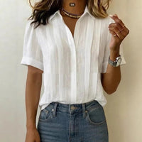 Turn-down Collar, Short-sleeve, Loose-fit Pleated Cotton Shirt