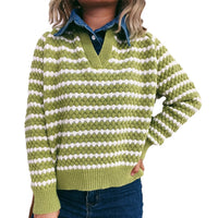 Women's Denim Patchwork Lapel Knitted Stripe Color Block Fake Two-piece Sweater