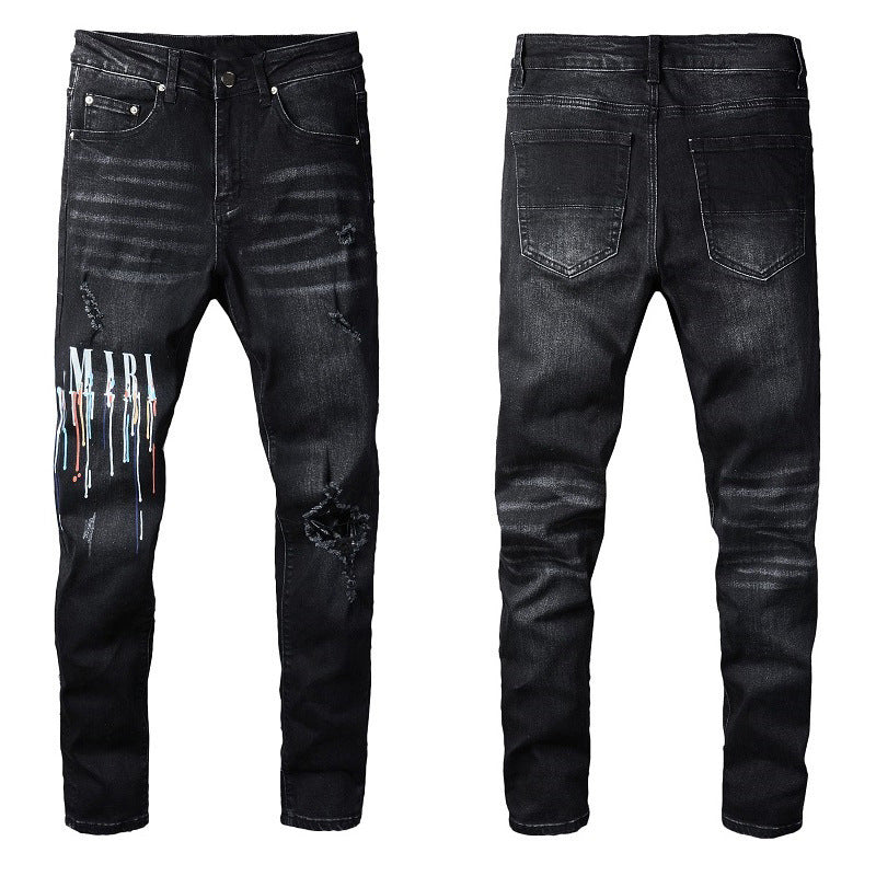 Dazzling Color Letters Black Men's Jeans