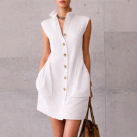 Slimming Sleeveless Stand-Collar Shirt Dress For Summer