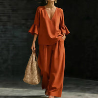 Womens V-neck Ruffle-Sleeve Top And Wide-Leg Pants Two-Piece Set