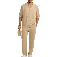 Mens Lapel Short-Sleeve Shirt And Pants Suit