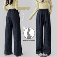 Dark Blue Fade-Resistant Wide-Leg Rayon Straight-Leg Maternity Jeans