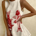 Women's Cotton & Linen Fish Print Wave Edge Mini Dress