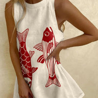 Women's Cotton & Linen Fish Print Wave Edge Mini Dress