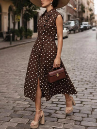 Sleeveless Retro Polka-Dot Collar Fake Button Lace-Up Womens Dress