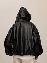 Women's Black Hooded Leather Coat