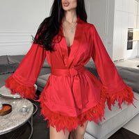 Feather-print Long-sleeve Nightgown Luxurious Sleepwear Womens Loungewear