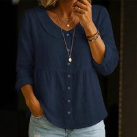Summer New Peter Pan Collar Linen-Cotton Solid Color Shirt Womens Loose Slimming Three-Quarter Sleeve Casual All-Match Top