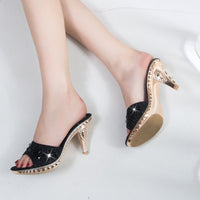 High-heeled Rhinestone Solid Color Small Thick-heeled Slippers Summer One Word Sandals