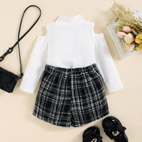 Children's Off-the-shoulder Top Tweed Plaid Classic Style Shorts Girls' Suit