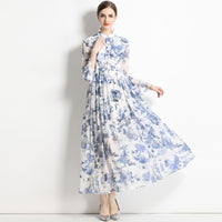 Arrival Stand Collar Ink-Printed Slim-fit Figure-flattering Long-sleeve Shirt Dress