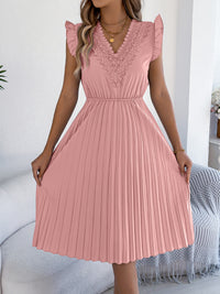 Casual Lace V-neck Ruffled-waist Pleated Dress