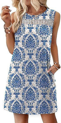 Fashionable Printed Lace Trim Patchwork Dress