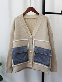 Denim Pocket Knitted Cardigan Loose Design Temperament Versatile Sweater Coat