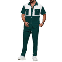 Color-block Short-sleeve Shirt And Pants Two-piece Set