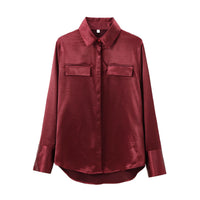 Womens Multi-Colored Shirt With Pocket Detail Lapel Collar And Silk-Satin Texture