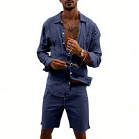Men's Linen Casual Loose-Fit Long-Sleeve Shirt And Shorts Set