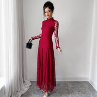 Half-high Neck Spliced Lace Sexy Long-sleeve Maxi Dress