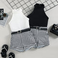 Sunken Stripe Halterneck Vest Houndstooth Printed Shorts Belt Three-piece Set
