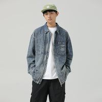 Retro Washed Distressed Zipper Couple Casual Denim Coat