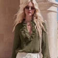 French Romantic Linen Ruffle-Trimmed V-Neck Shirt