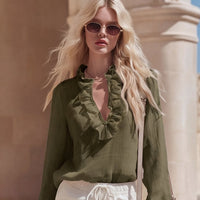 French Romantic Linen Ruffle-Trimmed V-Neck Shirt