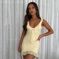 Elegant V-neck Plunging Neckline Ruffled Hemline Open-back Jacquard Lace Slip Dress