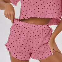 Cotton Heart Print Short Sleeve Pajama Set With Shorts Womens Casual Loungewear