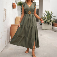 Elegant Waist-Cinched Deep V-Neck Dress For Women
