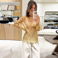 French-style Chic Sexy And Elegant T-shirt Sheer Solid-color Lace Top