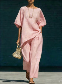 Short-sleeve Top With An Asymmetrical Hem And Wide-leg Pants Set