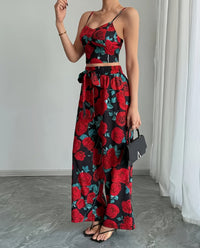 Sexy Backless Halter V-Neck Short Tank Top With Drawstring High-Waist Straight-Leg Pants