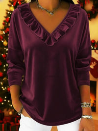 Womens Stylish Solid-Color Long-Sleeve Top With Ruffled V-Neck