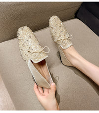 Rhinestone Square Head Pumps Women's Flat Low-cut All-match