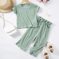 Girls Casual Style Solid Color Short Sleeve Trousers Suit