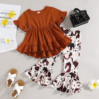 Small And Older Children's Short Sleeve Top With Swing Leopard Print Flared Pants Girls' Suit