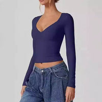 Women's Long Sleeve V-neck Midriff-baring Top T-shirt