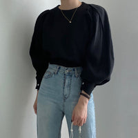 Women's Solid Color French Simplicity Round Neck Puff Sleeve Shirt