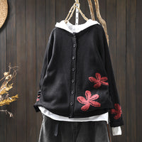 Women's Loose Retro Flower Contrasting Cotton Knit Cardigan