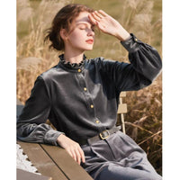 Womens Solid-Color Versatile Loose Velvet Shirt