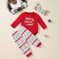 Christmas Tree Print Long-sleeve Bodysuit Pants Hat 3-piece Party Outfit