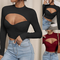 Sexy Slim-fit Hollow-out Bust Cup Short High-neck Long-sleeve Top For Women