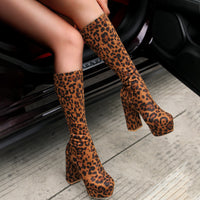 High-elasticity Mid-calf Womens Leather Boots With A Leopard Print