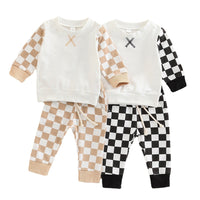 Children's Casual Sweater Suit Checkerboard Long Sleeved Trousers